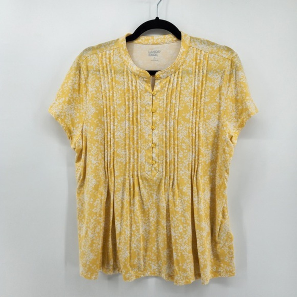 Lands'‎ End Women's Yellow Floral Print Pleated Short Sleeve Top Medium